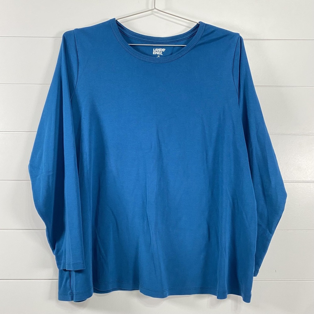 Lands End Shirt Womens 2X Blue Long Sleeve Cotton Crewneck Tee Plus Casual Top